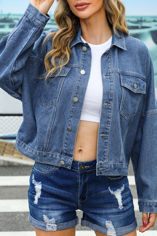 Pocketed Button Up Dropped Shoulder Denim Jacket - Teresa's Fashionista LLC