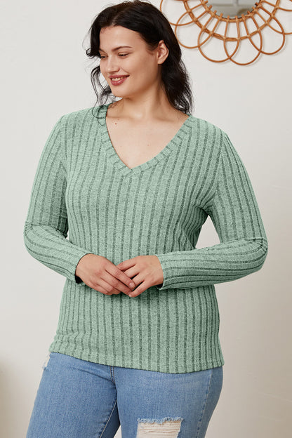 Basic Bae Full Size Ribbed V-Neck Long Sleeve T-Shirt-Teresa&#39;s Fashionista LLC