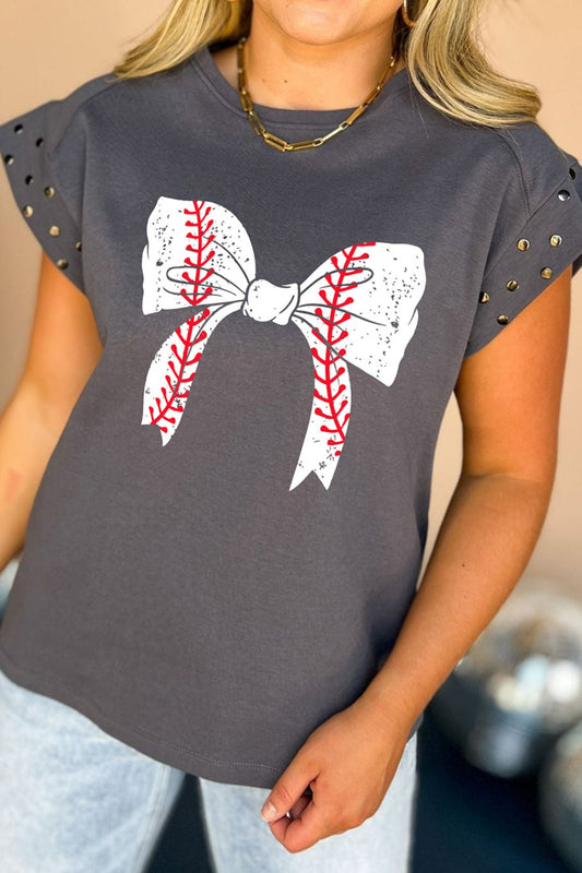 Studded Bow Graphic Round Neck Cap Sleeve T-Shirt-Teresa&#39;s Fashionista LLC