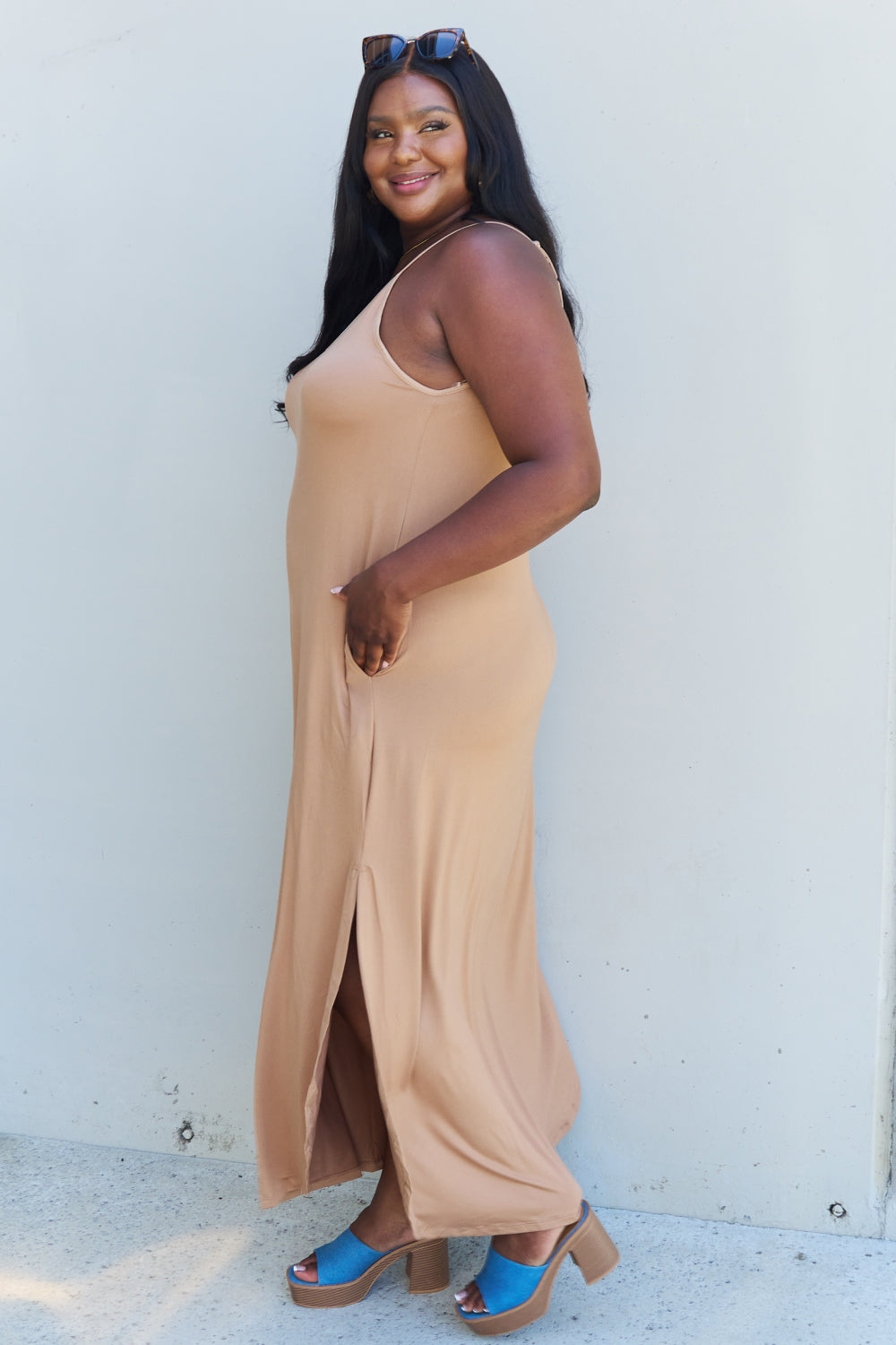 Ninexis Good Energy Full Size Cami Side Slit Maxi Dress in Camel-Teresa&#39;s Fashionista LLC