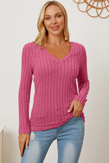 Basic Bae Full Size Ribbed V-Neck Long Sleeve T-Shirt-Teresa&#39;s Fashionista LLC