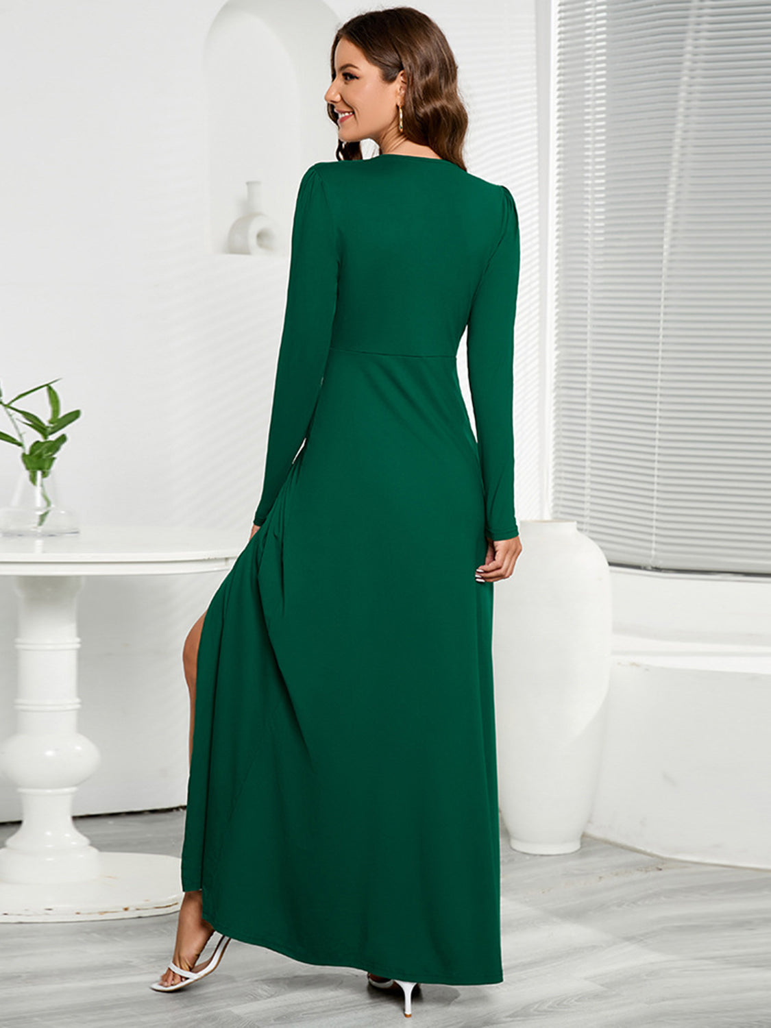 V-Neck Long Sleeve Split Dress-Teresa&#39;s Fashionista LLC