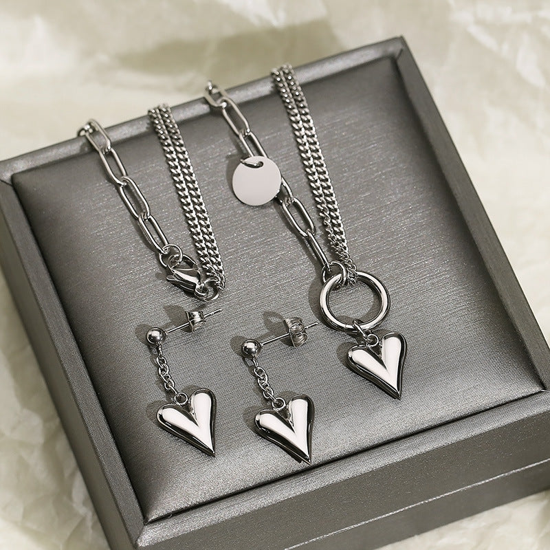 Titanium Steel Heart Necklace and Drop Earrings Jewelry Set-Teresa&#39;s Fashionista LLC