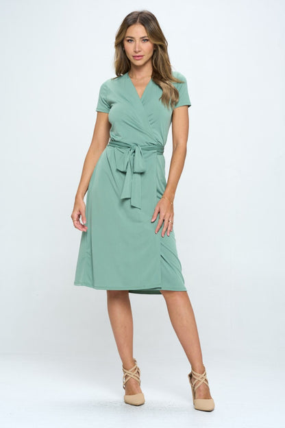 RENEE C Tie Front Surplice Short Sleeve Dress-Teresa&#39;s Fashionista LLC