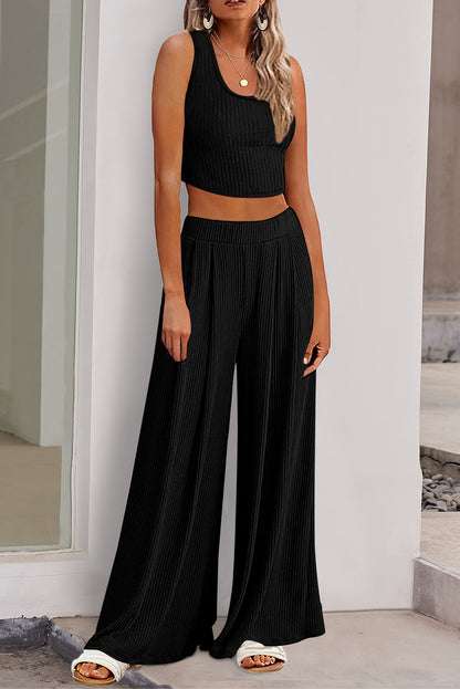 Scoop Neck Top and Wide Leg Pants Set-Teresa&#39;s Fashionista LLC