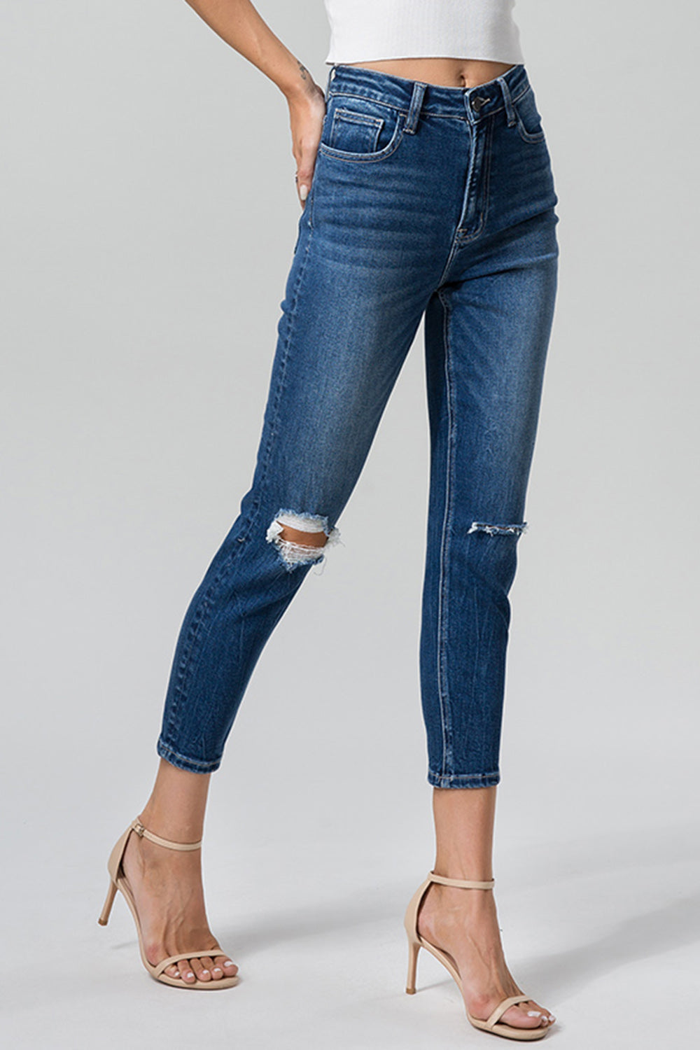 BAYEAS Full Size High Waist Distressed Washed Cropped Mom Jeans-Teresa&#39;s Fashionista LLC