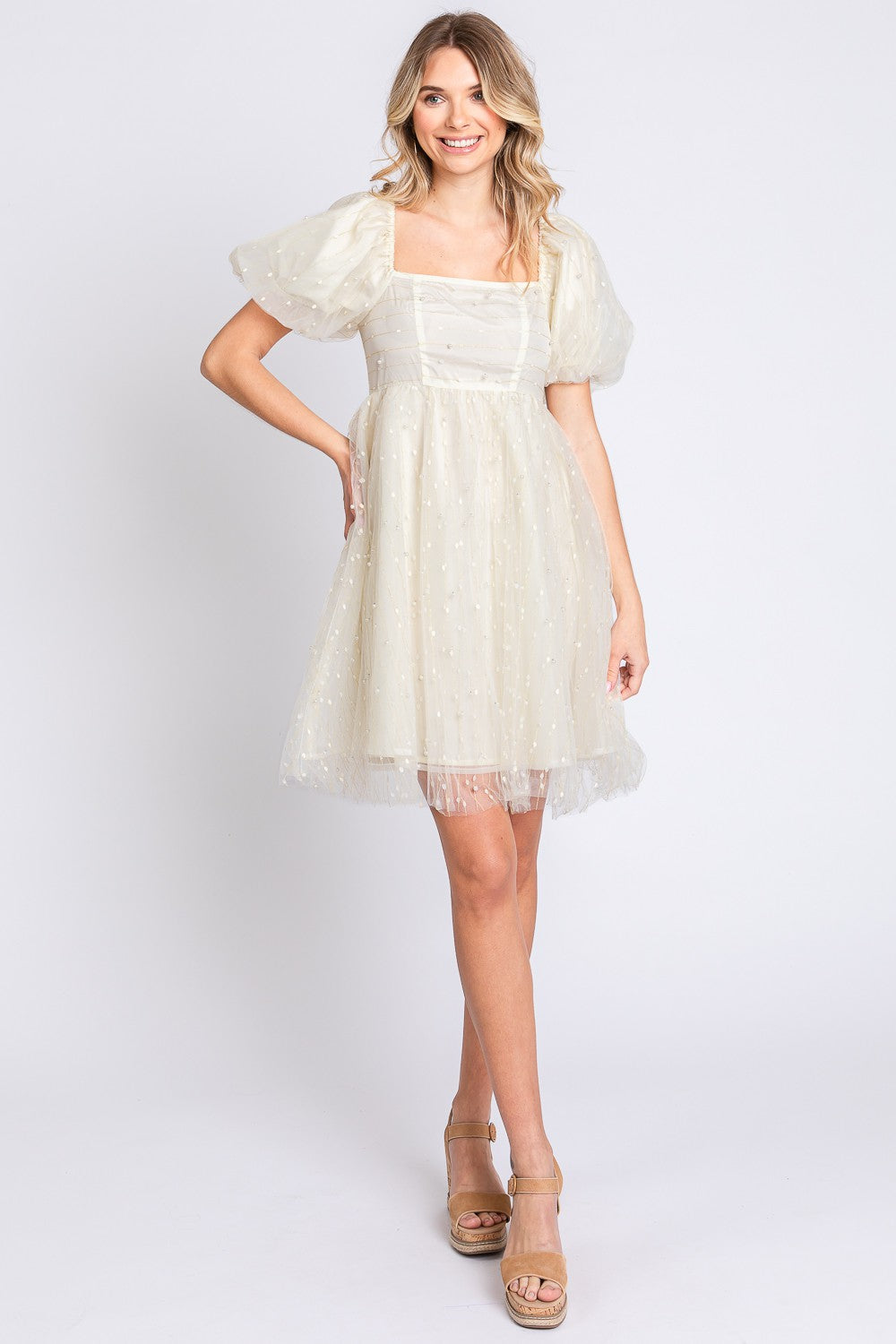 GeeGee Pearl Mesh Puff Sleeve Babydoll Dress-Teresa&#39;s Fashionista LLC