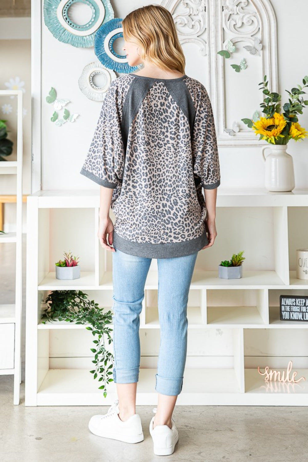 Heimish Full Size Leopard Contrast V-Neck Half Sleeve T-Shirt-Teresa&#39;s Fashionista LLC