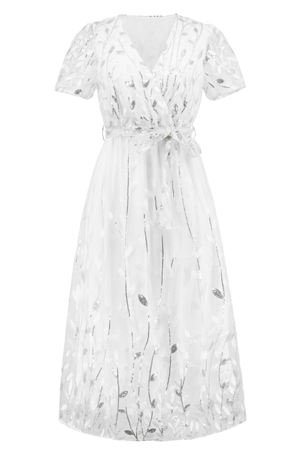 Sequin Leaf Embroidery Tie Front Short Sleeve Dress-Teresa&#39;s Fashionista LLC