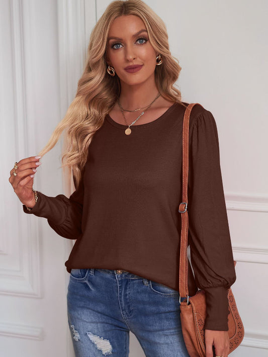 Round Neck Lantern Sleeve Blouse-Teresa&#39;s Fashionista LLC