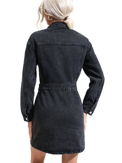 Buttoned Collared Neck Denim Mini Dress-Teresa&#39;s Fashionista LLC