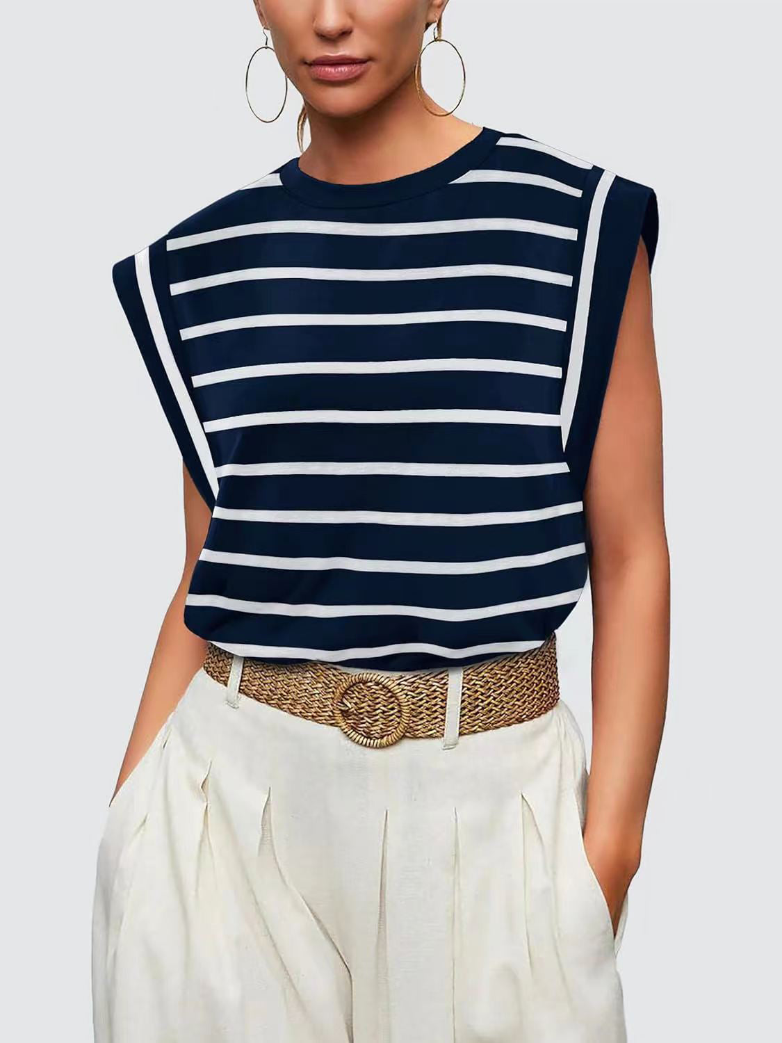 Striped Round Neck Cap Sleeve T-Shirt-Teresa&#39;s Fashionista LLC