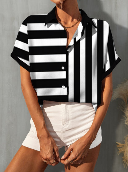 Striped Button Up Short Sleeve Shirt-Teresa&#39;s Fashionista LLC