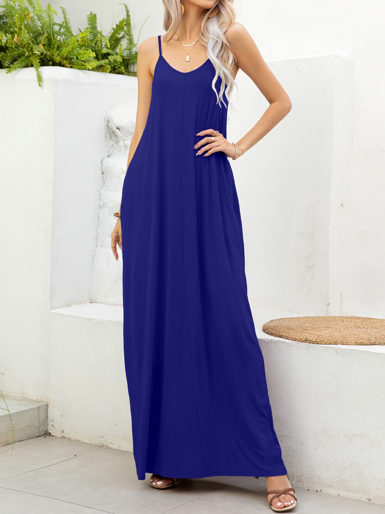 Spaghetti Strap V-Neck Maxi Dress with Pockets-Teresa&#39;s Fashionista LLC