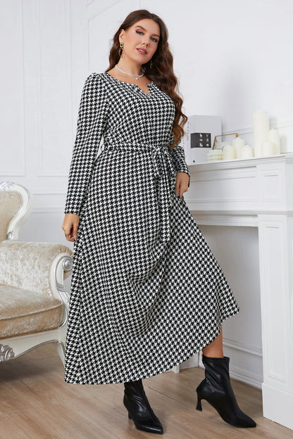 Melo Apparel Plus Size Notched Neck Houndstooth Tie Belt Maxi Dress-Teresa&#39;s Fashionista LLC