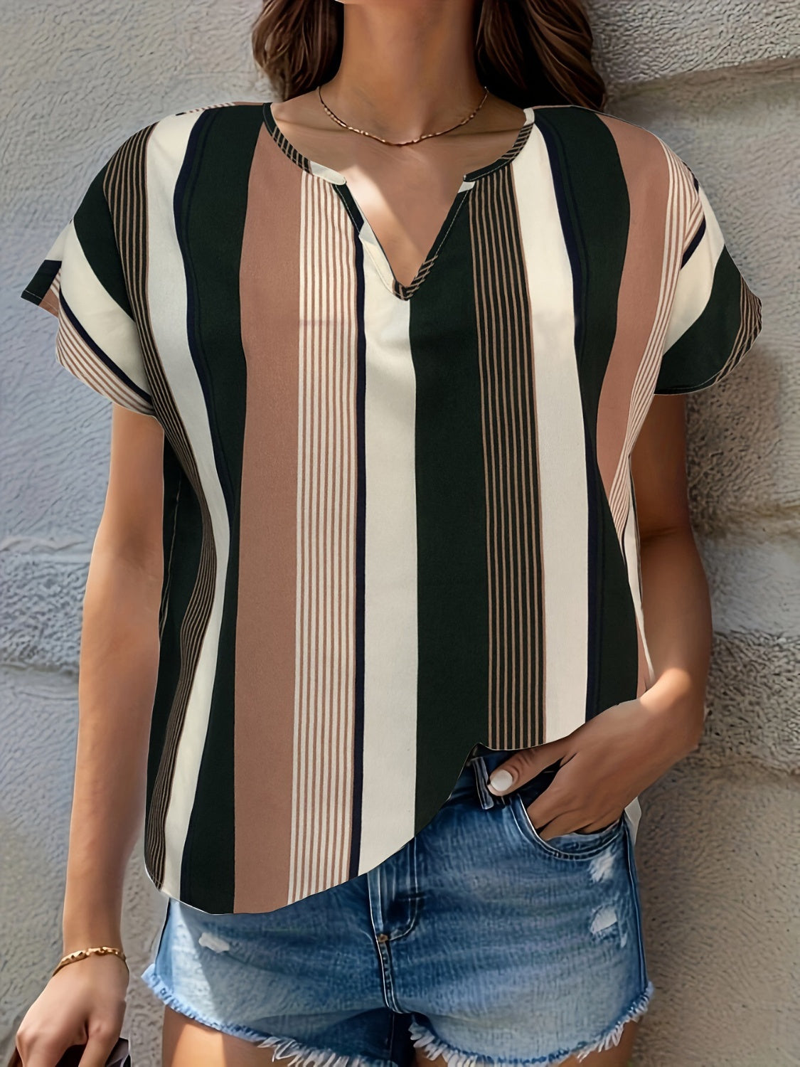 Striped Notched Short Sleeve Blouse-Teresa&#39;s Fashionista LLC