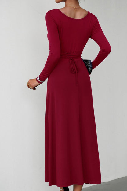 Scoop Neck Long Sleeve Lace-Up Maxi Dress-Teresa&#39;s Fashionista LLC