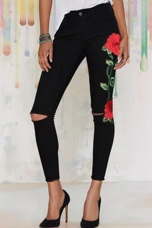 Full Size Rose Embroidery Cutout Jeans-Teresa&#39;s Fashionista LLC