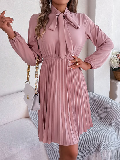 Tie Neck Balloon Sleeve Pleated Dress-Teresa&#39;s Fashionista LLC