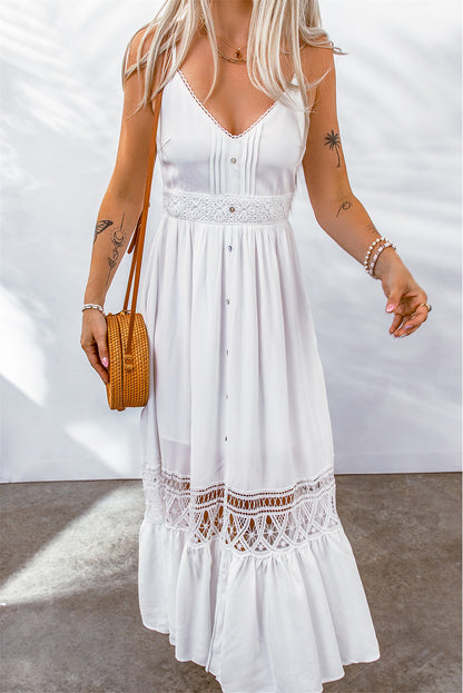 Buttoned Spliced Lace Spaghetti Strap Maxi Dress-Teresa&#39;s Fashionista LLC