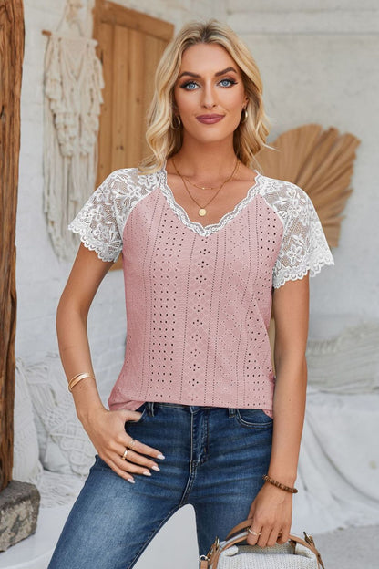 Eyelet V-Neck Lace Short Sleeve T-Shirt-Teresa&#39;s Fashionista LLC