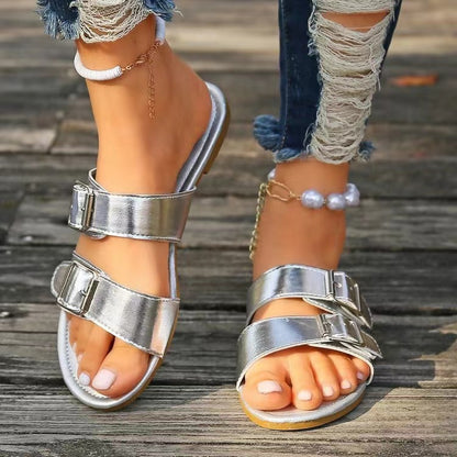 Open Toe Double Buckle Sandals-Teresa&#39;s Fashionista LLC