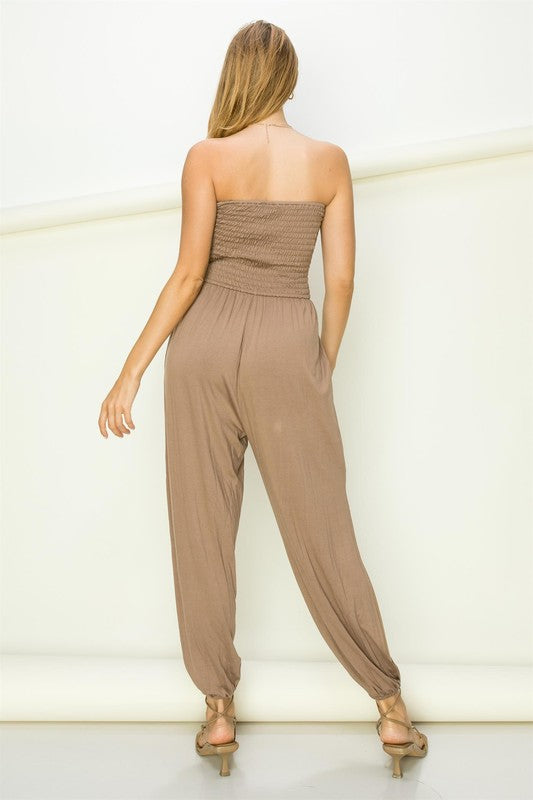 Smocked Tube with Split Hem Jumpsuit-Teresa&#39;s Fashionista LLC