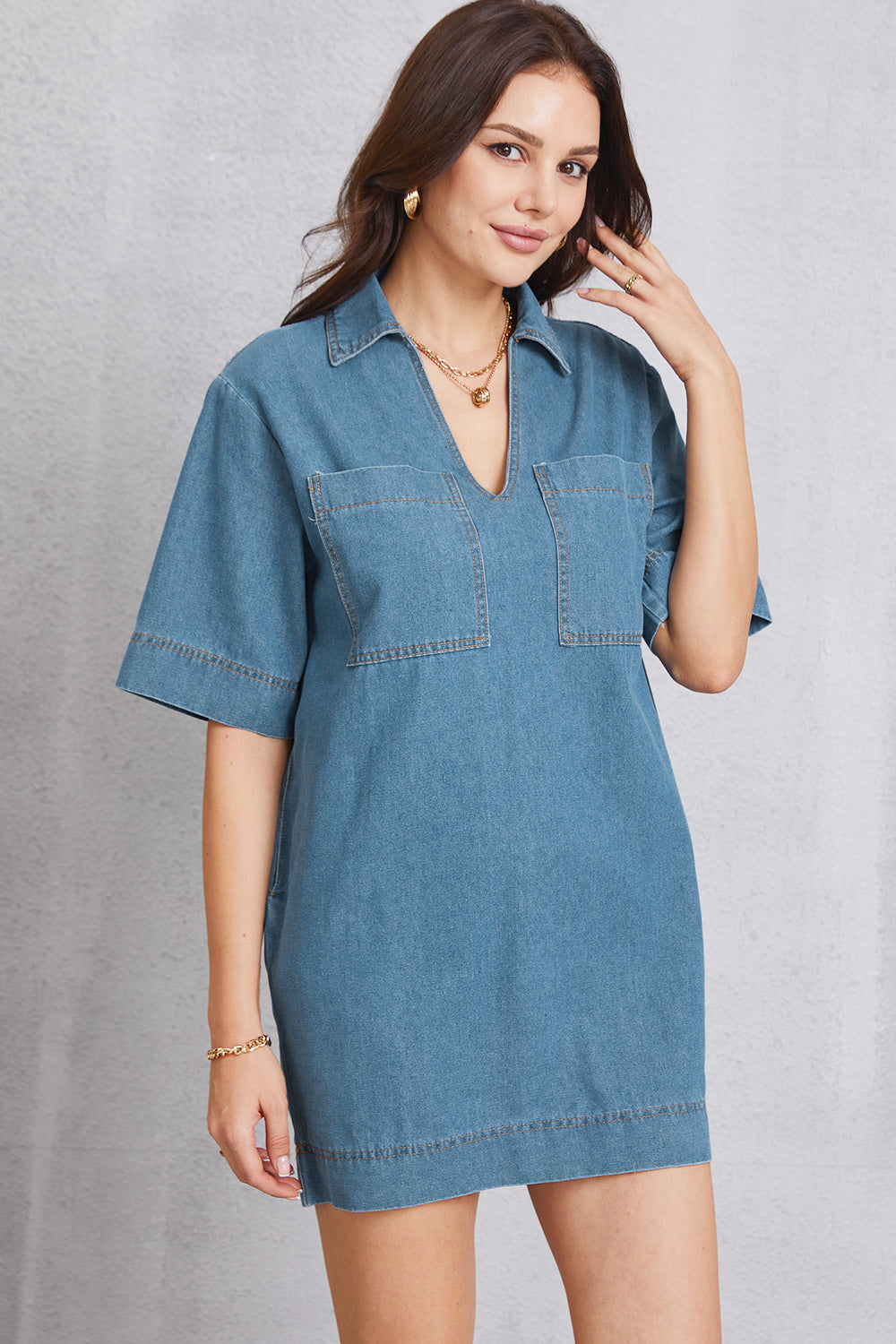 Pocketed Collared Neck Mini Denim Dress-Teresa&#39;s Fashionista LLC