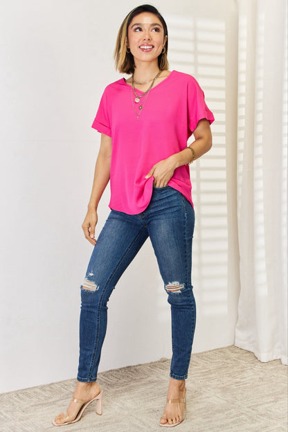 Zenana V-Neck Rolled Short Sleeve T-Shirt-Teresa&#39;s Fashionista LLC