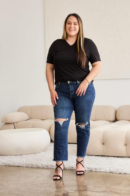 RFM Crop Dylan Full Size Tummy Control Distressed High Waist Raw Hem Jeans-Teresa&#39;s Fashionista LLC