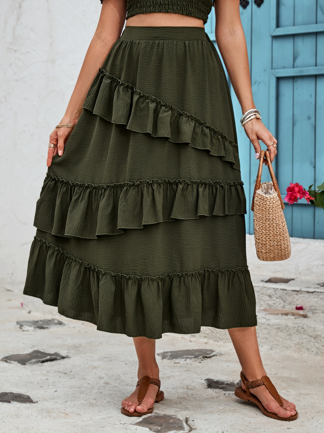 Ruffled Elastic Waist Midi Skirt-Teresa&#39;s Fashionista LLC