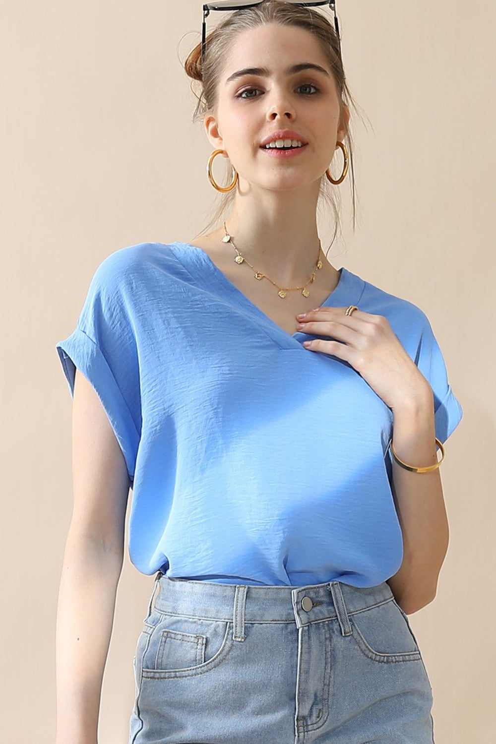 Ninexis V-Neck Trim Rolled Short Sleeve Shirt-Teresa&#39;s Fashionista LLC