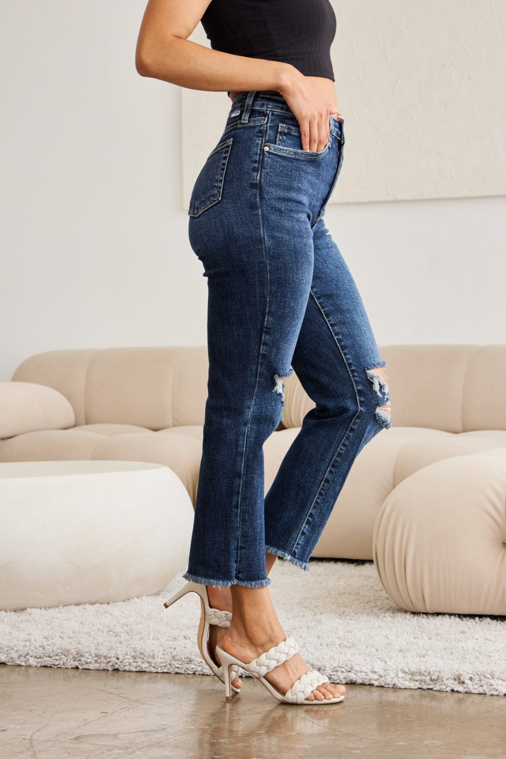 RFM Crop Dylan Full Size Tummy Control Distressed High Waist Raw Hem Jeans-Teresa&#39;s Fashionista LLC