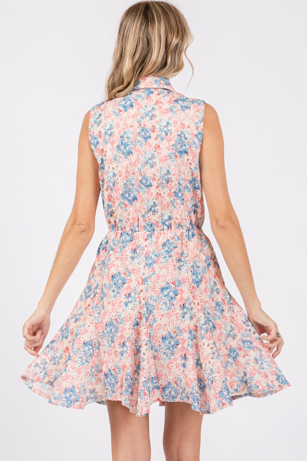 GeeGee Full Size Floral Eyelet Sleeveless Mini Dress-Teresa&#39;s Fashionista LLC