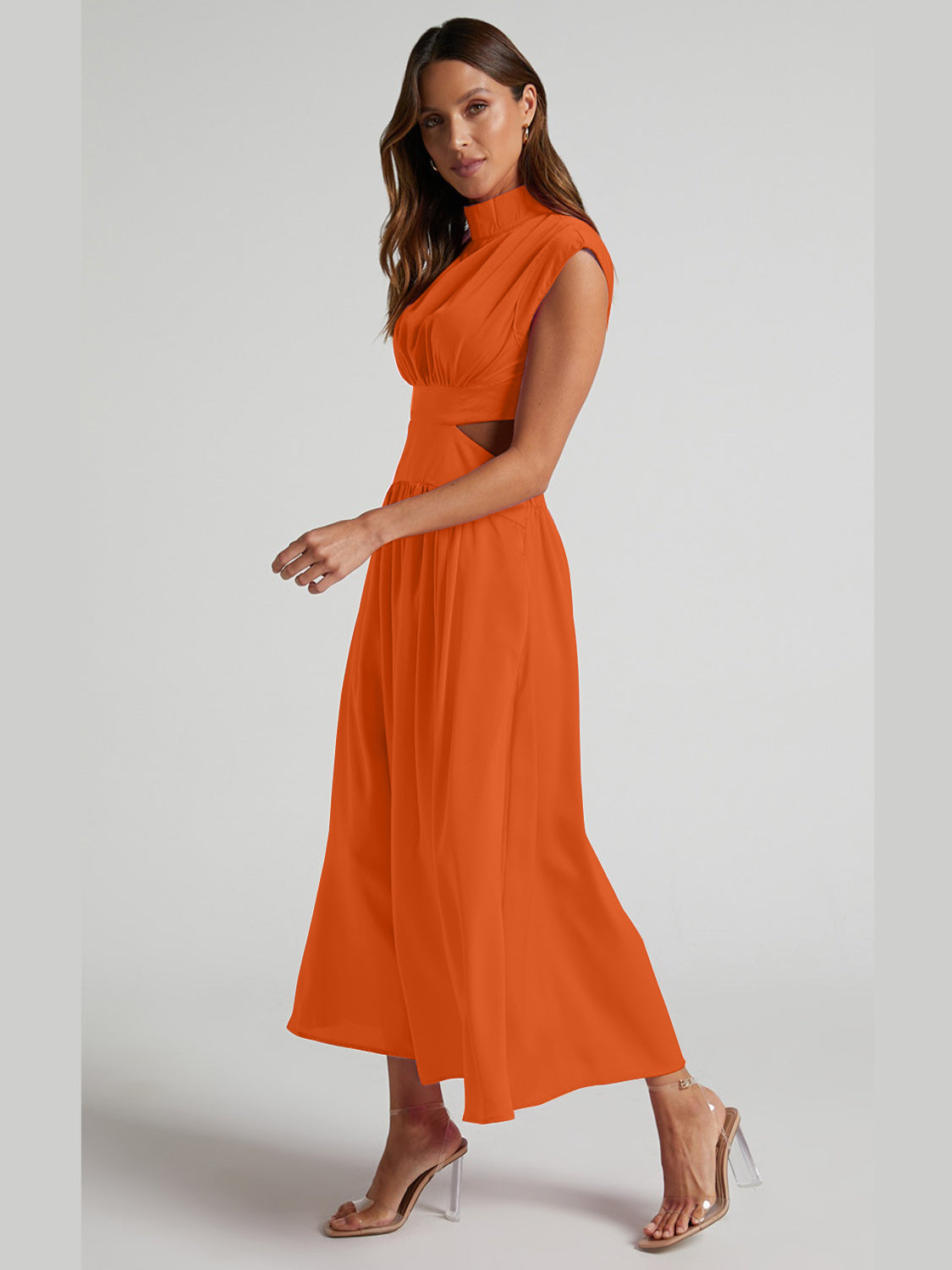 Cutout Mock Neck Sleeveless Ruched Dress-Teresa&#39;s Fashionista LLC