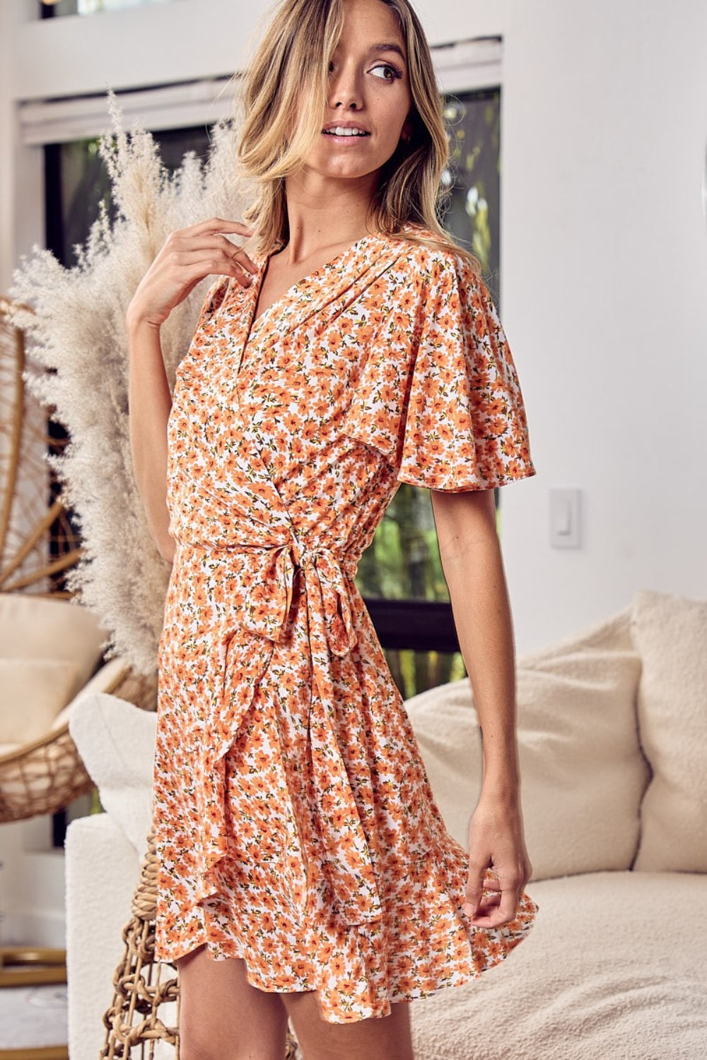 BiBi Floral Tied Short Sleeve Mini Wrap Dress-Teresa&#39;s Fashionista LLC