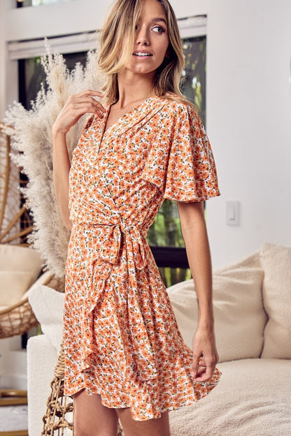 BiBi Floral Tied Short Sleeve Mini Wrap Dress-Teresa&#39;s Fashionista LLC