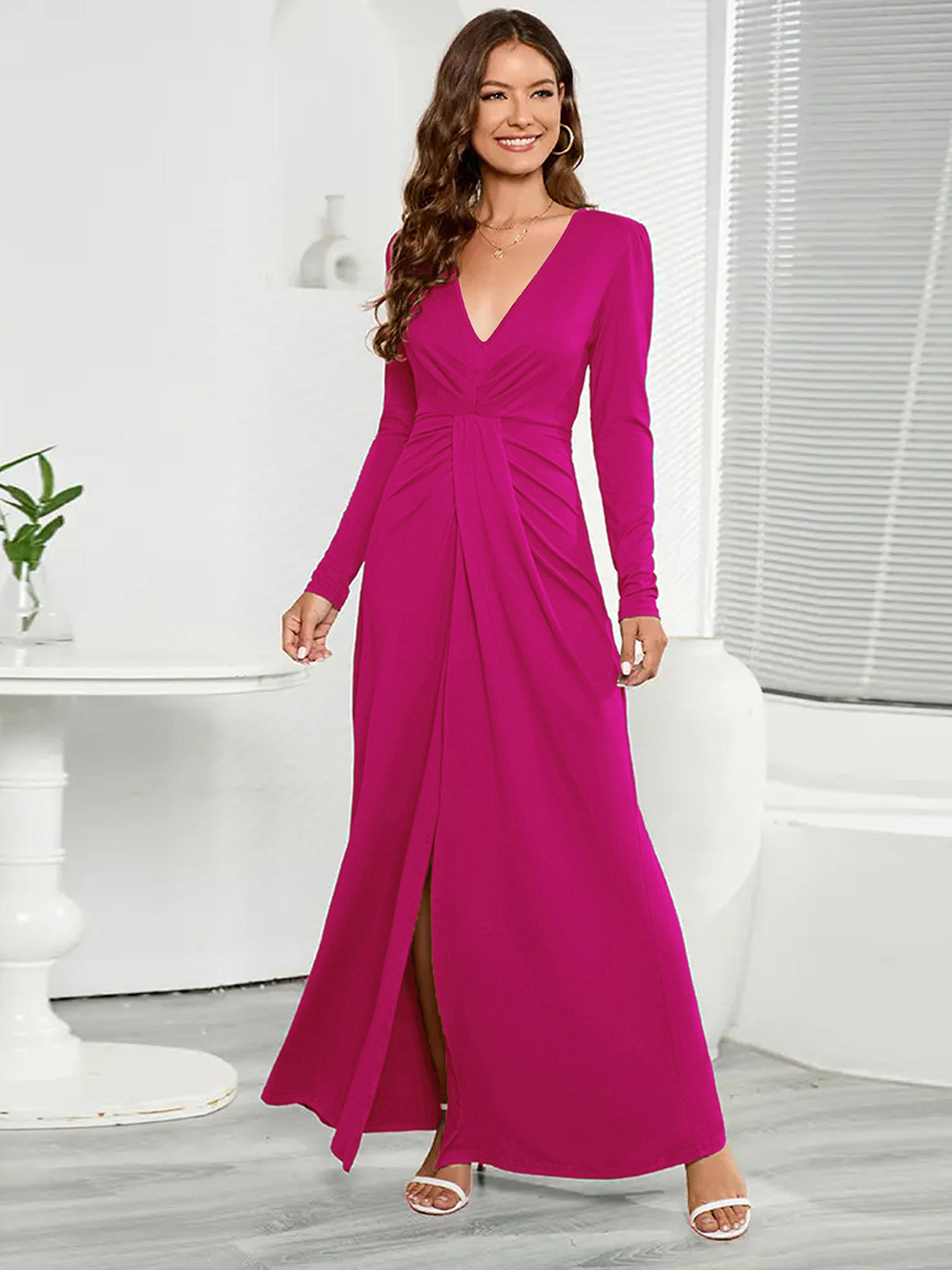 V-Neck Long Sleeve Split Dress-Teresa&#39;s Fashionista LLC