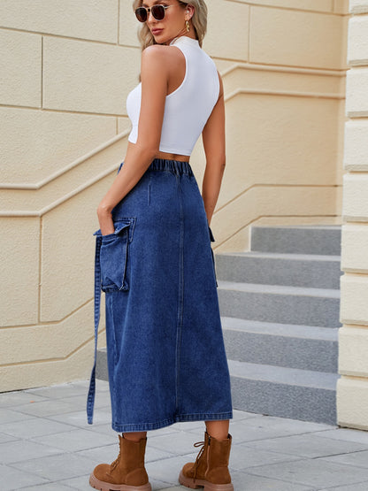 Slit Pocketed High Waist Denim Skirt-Teresa&#39;s Fashionista LLC