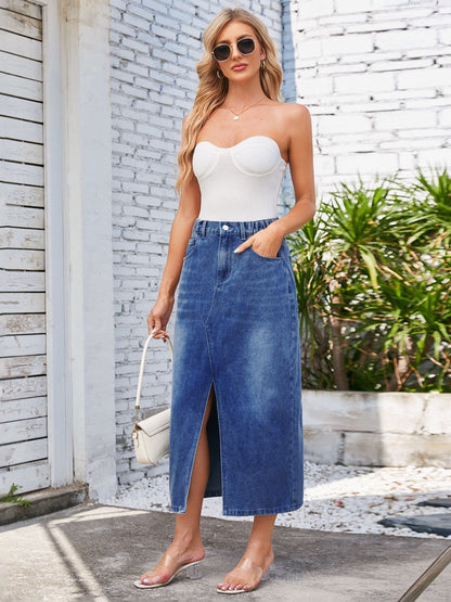 Slit Midi Denim Skirt with Pockets-Teresa&#39;s Fashionista LLC