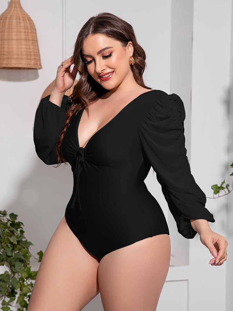 Plus Size Tied Deep V Balloon Sleeve One-Piece Swimsuit-Teresa&#39;s Fashionista LLC