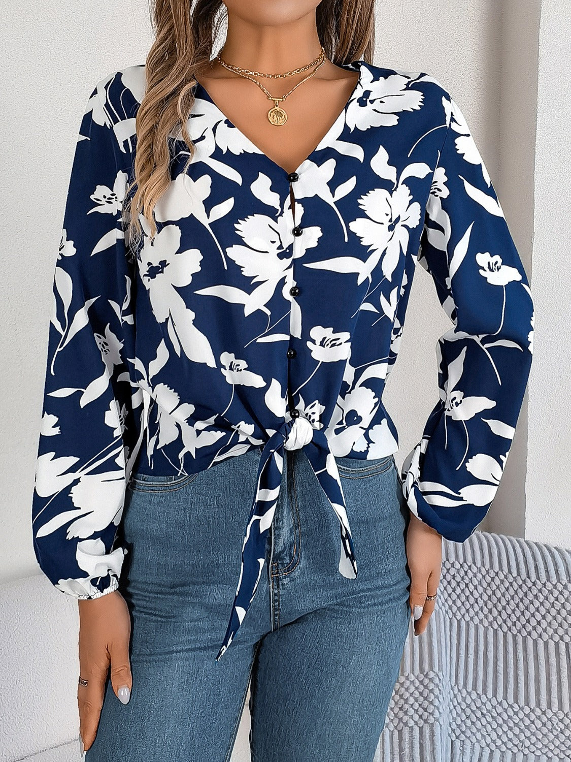 Printed V-Neck Long Sleeve Blouse-Teresa&#39;s Fashionista LLC