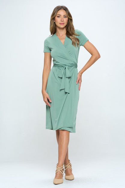 RENEE C Tie Front Surplice Short Sleeve Dress-Teresa&#39;s Fashionista LLC