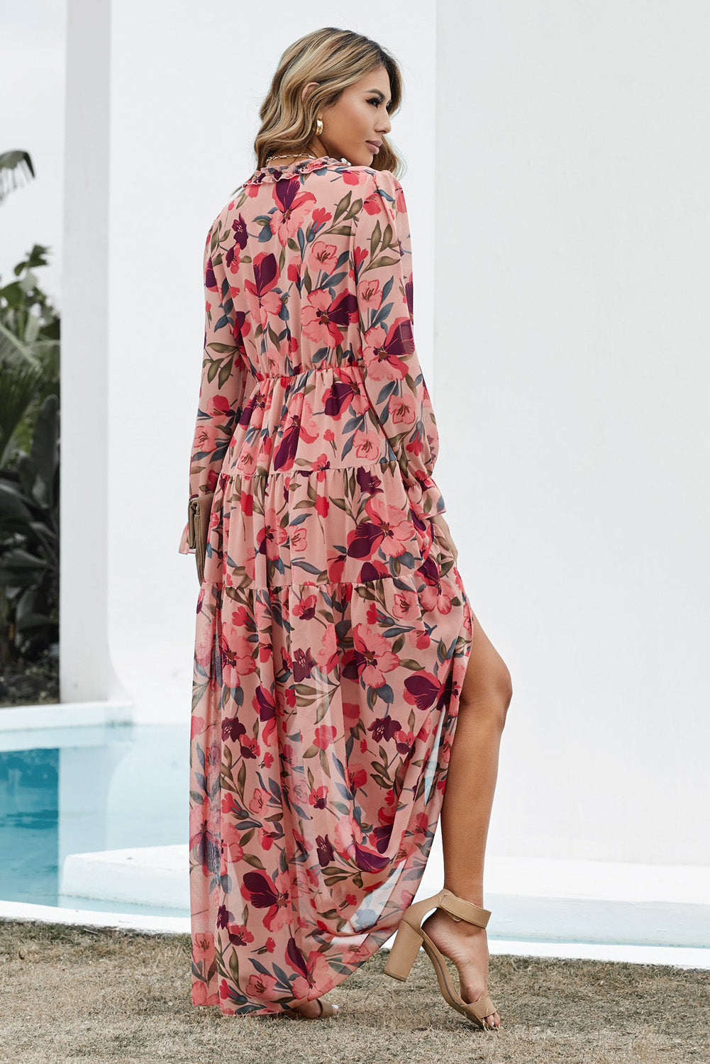 Floral Frill Trim Flounce Sleeve Plunge Maxi Dress-Teresa&#39;s Fashionista LLC