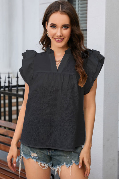 Notched Neck Butterfly Sleeve Blouse-Teresa&#39;s Fashionista LLC