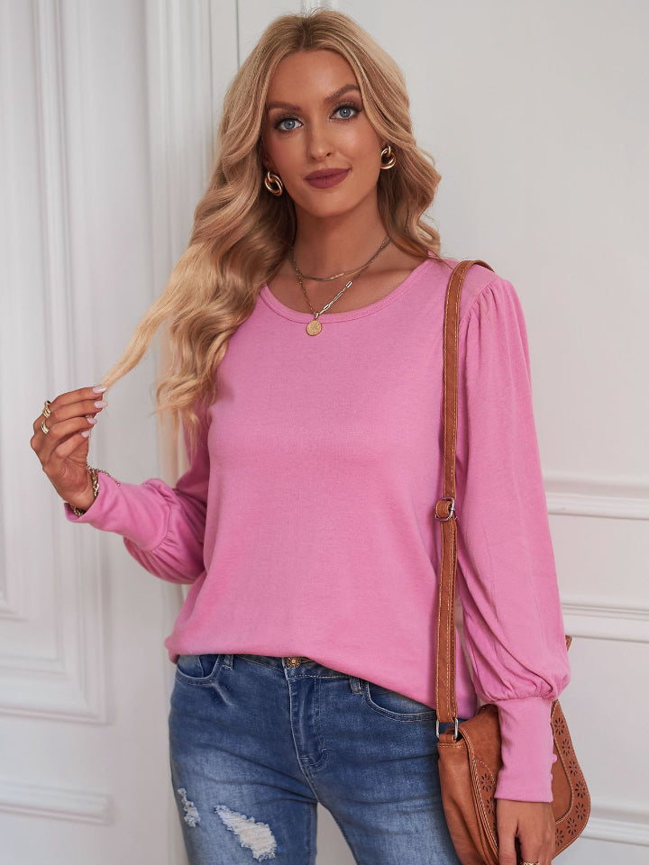 Round Neck Lantern Sleeve Blouse-Teresa&#39;s Fashionista LLC