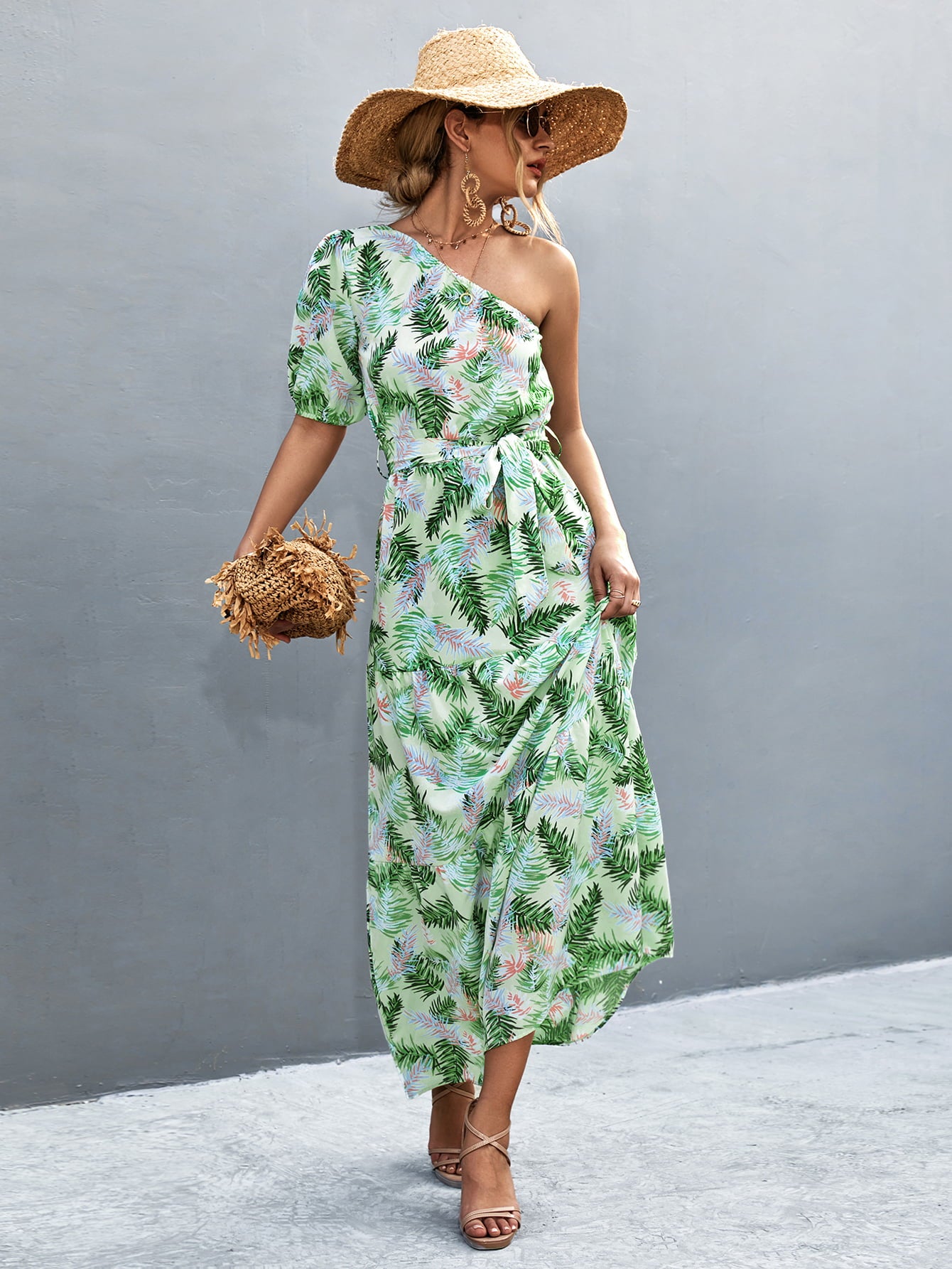 Printed Tie Waist One Shoulder Maxi Dress-Teresa&#39;s Fashionista LLC