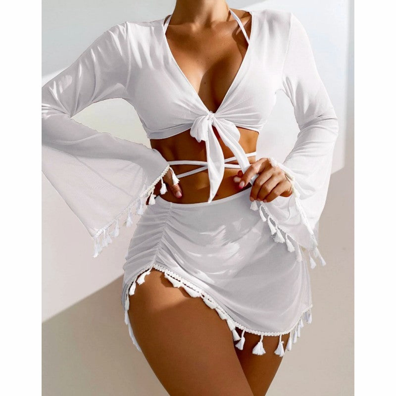 4pcs Solid Color Bikini With Short Skirt And Long Sleeve Cover-up Fashion Bow Tie Fringed Swimsuit Set Summer Beach Womens Clothing-Teresa&#39;s Fashionista LLC