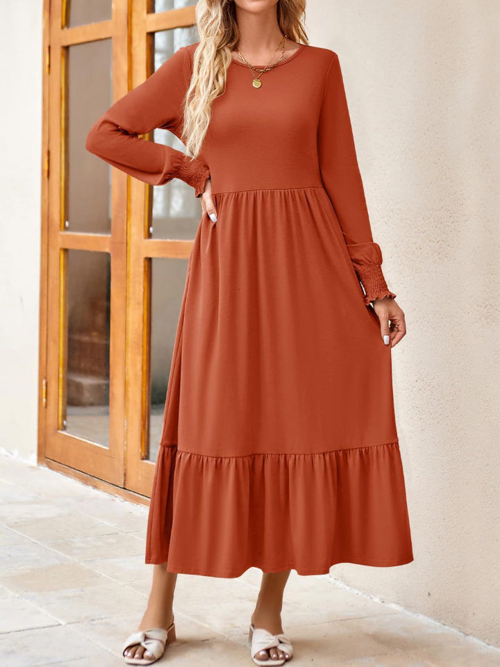 Round Neck Lantern Sleeve Ruffle Hem Dress-Teresa&#39;s Fashionista LLC