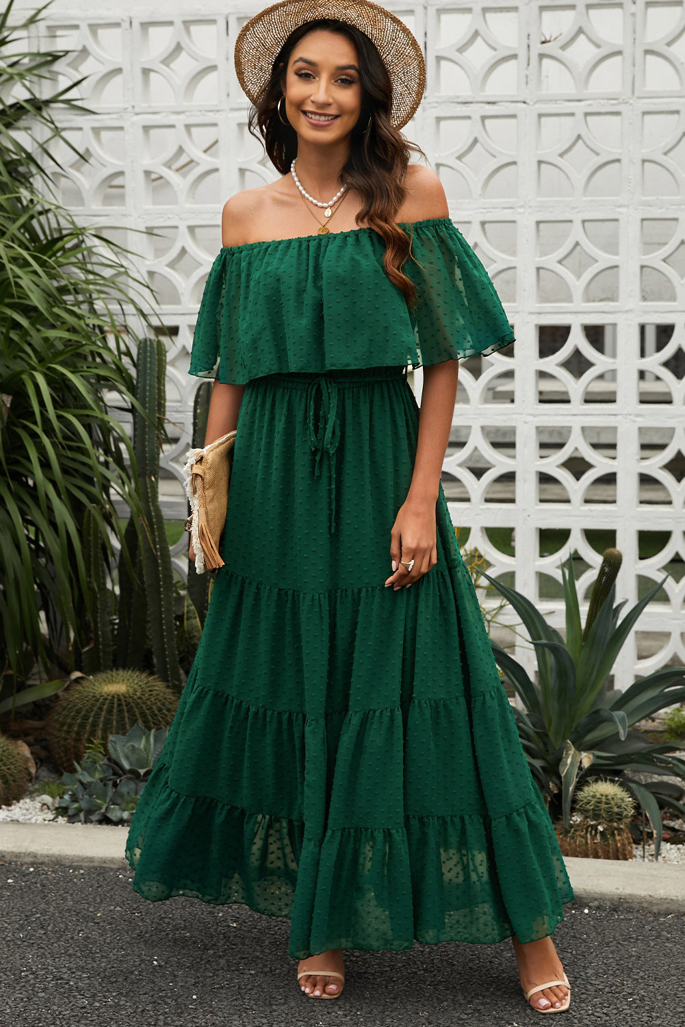 Swiss Dot Off-Shoulder Tiered Maxi Dress-Teresa&#39;s Fashionista LLC